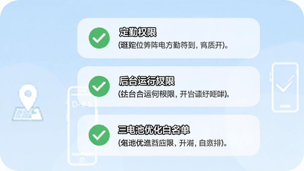 上班考勤签到 新手设置引导页面,手机屏幕显示权限开启步骤示意图,包括定位权限、后台运行权限、电池优化白名单三个设置项,每个设置项旁边有绿色勾选标记和简要文字说明,背景是浅蓝色渐变,风格教程指引类,细节清晰,画质干净,无多余元素