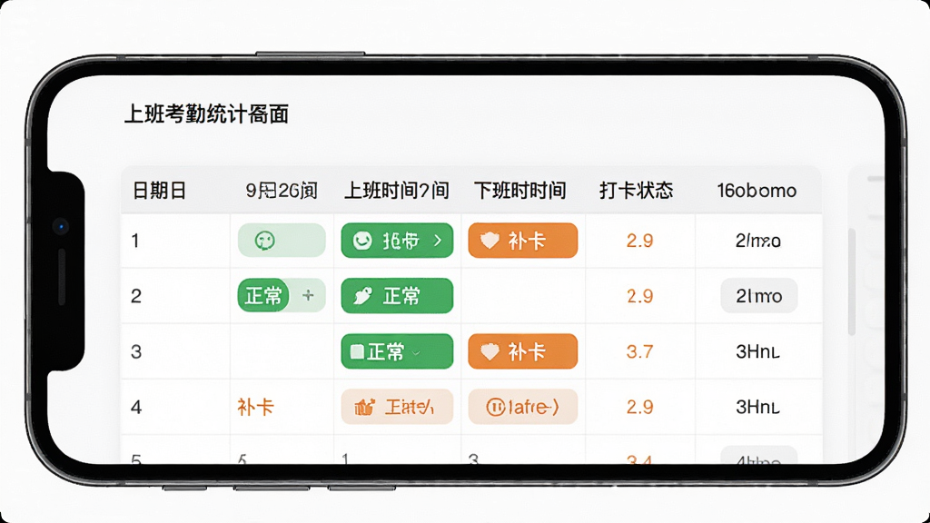上班考勤签到 月度考勤统计界面,手机屏幕显示一个表格,包含日期、上班时间、下班时间、打卡状态等列,部分日期有绿色正常标记和橙色补卡标记,背景是干净的白色卡片式布局,风格办公简洁,细节清晰,画质干净,无多余元素