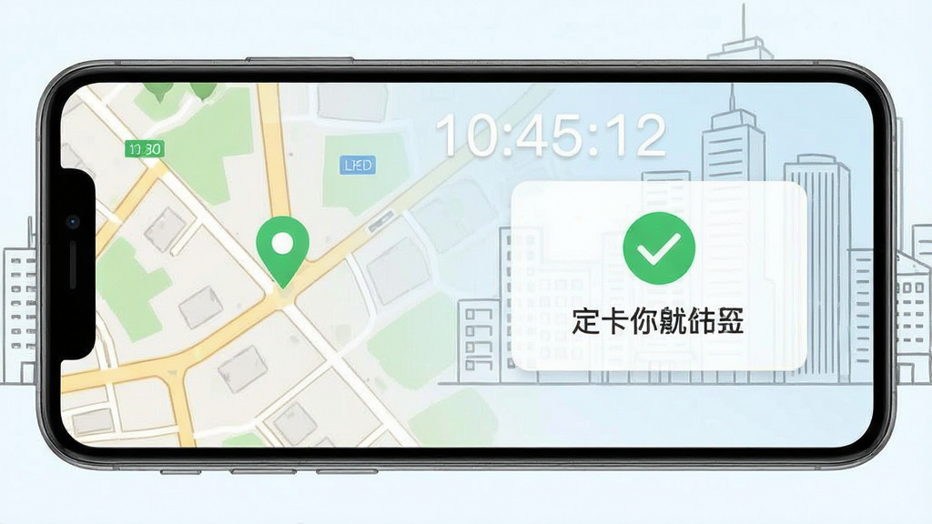 上班考勤签到 定位打卡功能界面,手机屏幕显示地图定位点与打卡成功提示,画面中有绿色的对勾图标和当前时间水印,背景是城市写字楼简笔轮廓,风格清新明快,细节清晰,画质干净,无多余元素