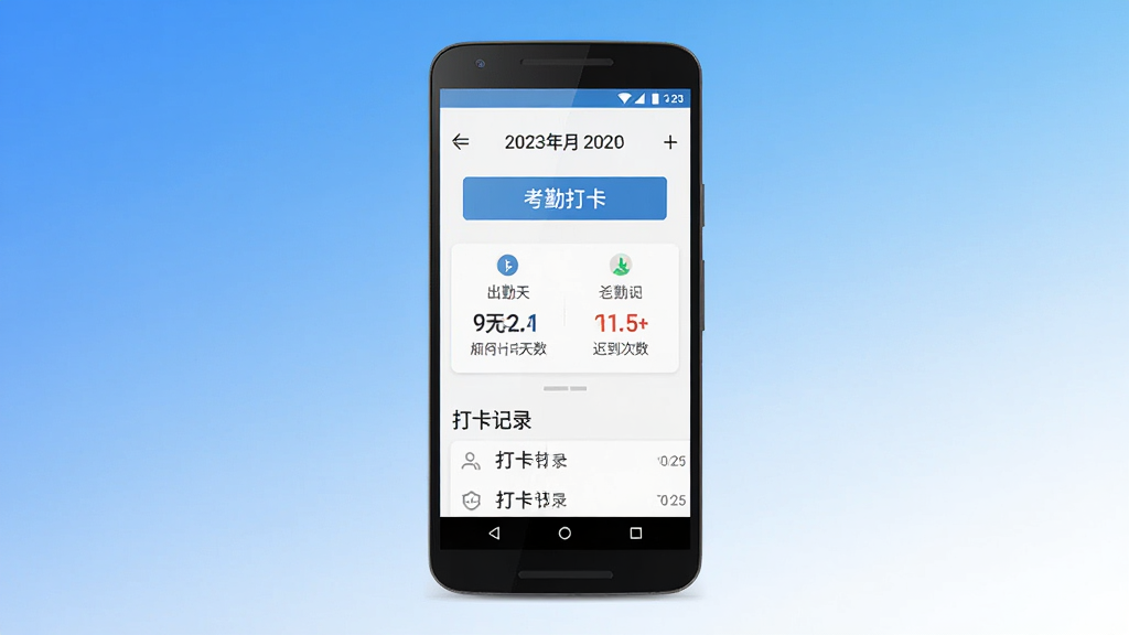 上班考勤签到 手机应用主界面展示,画面中央是一部安卓手机,屏幕显示考勤打卡页面,顶部有日期和打卡按钮,中间是本月出勤天数和迟到次数统计,底部是打卡记录列表,背景是简洁的蓝白渐变,风格现代扁平,细节清晰,画质干净,无多余元素