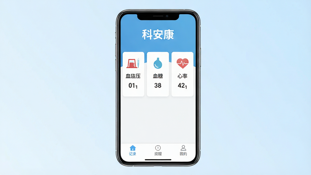 一张展示科安康App核心界面的手机样机图,画面中央是手机屏幕,屏幕内显示科安康App首页,顶部有“科安康”三个字,中间是血压、血糖、心率三个数据卡片,卡片上有简洁的图标和数字,底部是记录、提醒、我的三个导航按钮,背景是干净的浅蓝色渐变,风格现代扁平,画质清晰,无多余元素