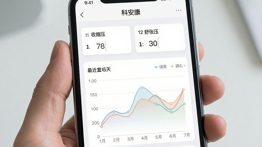 一张展示科安康App数据记录页面的手机截图风格图片,画面中手机屏幕显示“科安康”App的血压记录界面,有收缩压、舒张压输入框,下方是最近七天的血压折线图,图表线条清晰,颜色柔和,界面干净,文字标注“科安康”在顶部,风格简洁现代,画质干净无多余元素