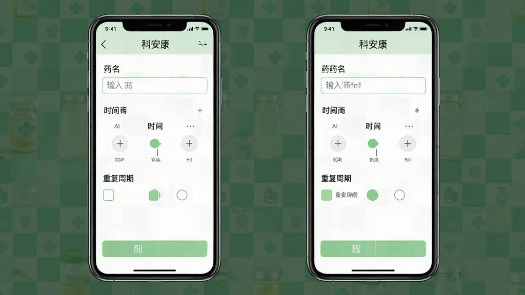 一张展示科安康App用药提醒设置界面的手机样机图,画面中手机屏幕显示“科安康”App的提醒设置页,有药名输入框、时间选择器、重复周期选项,界面以白色和浅绿色为主,顶部有“科安康”字样,风格清爽,布局清晰,画质干净无多余元素