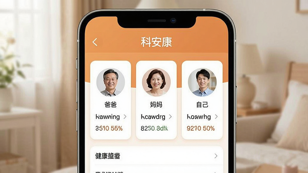 一张展示科安康App家庭健康档案界面的手机样机图,画面中手机屏幕显示“科安康”App的家庭成员列表,有爸爸、妈妈、自己三个头像卡片,每个卡片下方显示最近一次记录的数据,界面以暖色调为主,顶部有“科安康”文字,风格温馨,画质干净无多余元素