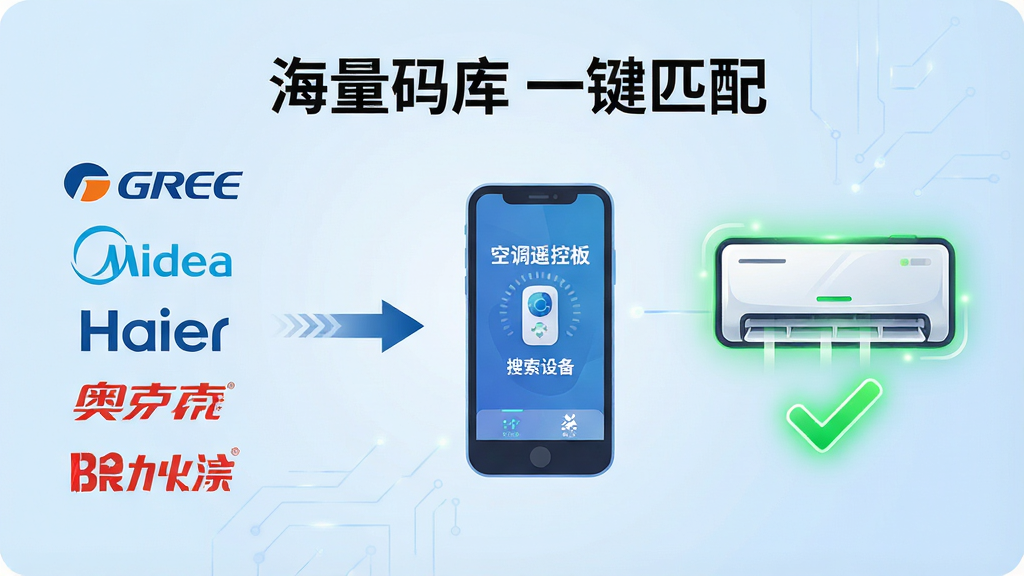 一张信息图风格的图片,背景为浅蓝色渐变,画面左侧是一排不同品牌的空调Logo(格力、美的、海尔、奥克斯等),中间用箭头连接到一个手机图标,手机屏幕上显示“空调遥控板”应用正在搜索设备,右侧是一个空调图标被成功连接后亮起绿色对勾,整体风格简洁科技感,文字标注“海量码库 一键匹配”,画质清晰干净,无多余元素