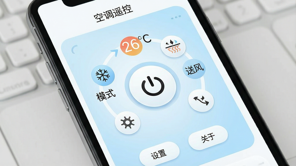 一张手机应用界面截图风格的图片,展示“空调遥控板”的主控制面板,屏幕中央是一个大圆形电源按钮,周围环绕着温度显示“26°C”、模式图标(制冷、制热、除湿、送风)、风速图标和扫风图标,底部有“设置”和“关于”两个小按钮,界面以白色和浅蓝色为主色调,图标圆润简洁,背景干净无杂乱元素,画质清晰