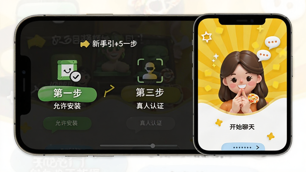 糖果择她App的新手引导界面,画面展示手机屏幕上的步骤提示,第一步“允许安装”第二步“真人认证”第三步“开始聊天”,背景是明亮的黄色和白色搭配,风格活泼友好,画质干净