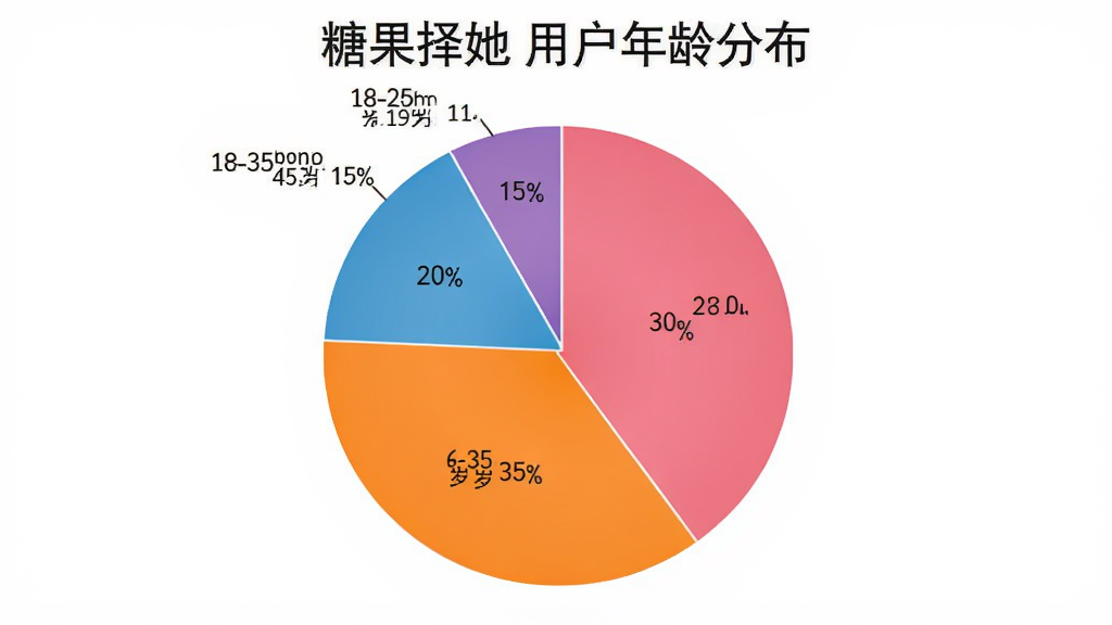 一张饼状图,展示糖果择她用户年龄分布,18-25岁占30%,26-35岁占35%,36-45岁占20%,46-60岁占15%,背景简洁白色,图表颜色为粉色、橙色、蓝色、紫色,风格清晰明了
