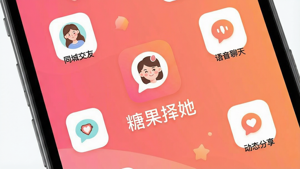 一张展示糖果择她App核心界面的手机屏幕展示图,画面中央是App的Logo和名称“糖果择她”,背景是温馨的粉橙色渐变,周围环绕着几个代表同城交友、语音聊天、动态分享的简洁图标,整体布局清晰,风格现代清新,画质干净,无多余元素