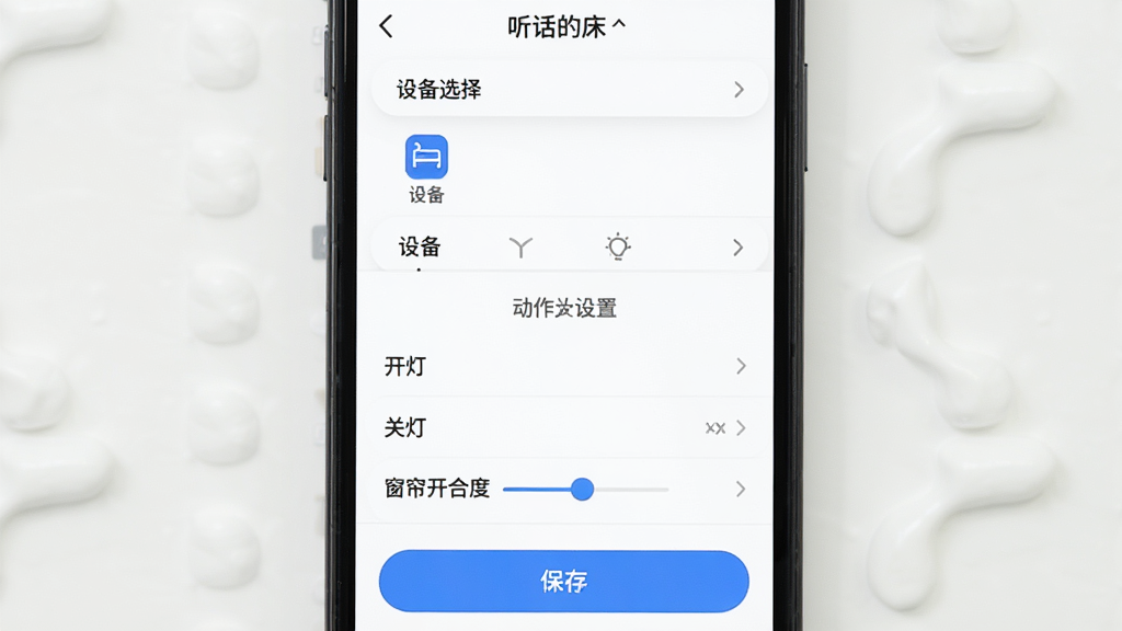 手机屏幕显示「听话的床」App的场景创建流程截图,界面上半部分显示设备选择列表,下半部分显示动作设置区域,有「开灯」「关灯」「窗帘开合度」等选项,底部有保存按钮,背景为白色,按钮为蓝色圆角,风格简洁直观,画质清晰干净