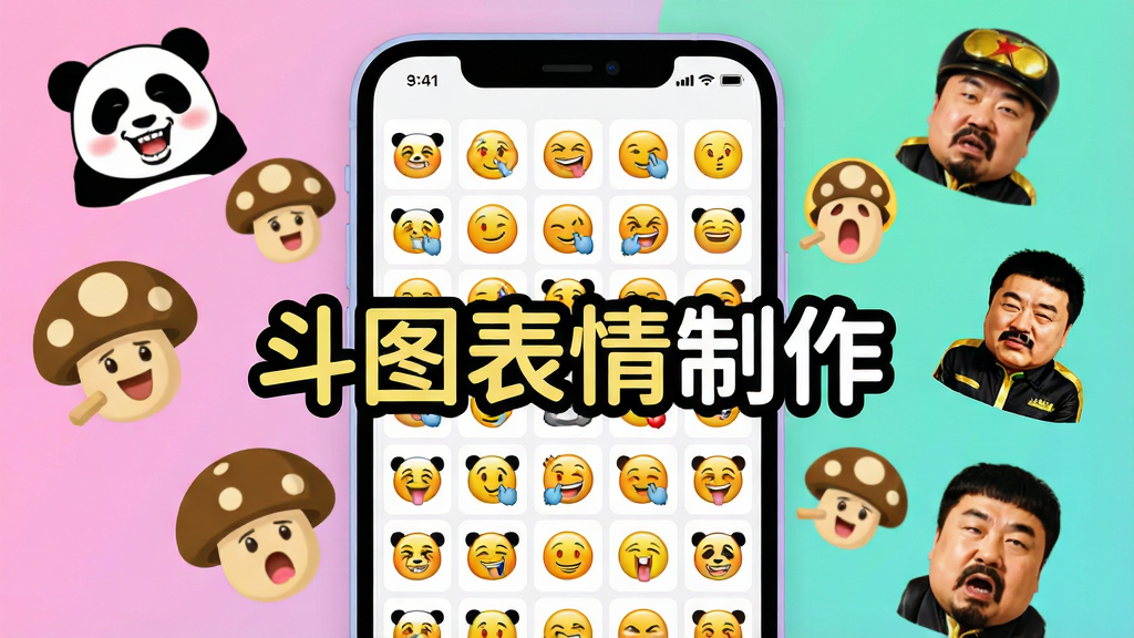 一张展示斗图表情制作软件核心全貌的图片,主体是手机屏幕界面,屏幕中央展示着丰富的表情包素材网格和醒目的“斗图表情制作”文字标识,布局上手机位于画面正中央,周围环绕着各种搞笑表情包元素如熊猫头、蘑菇头、金馆长等漂浮图标,排版清晰,风格采用扁平化UI设计,细节上手机边框圆润,界面色彩活泼明快,画质干净清晰,无多余杂乱元素