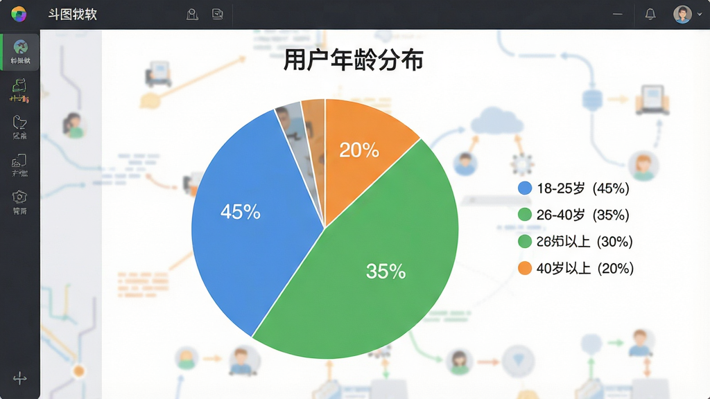 一张展示斗图表情制作软件用户年龄分布饼状图的图片,主体是一个彩色饼状图,图表标题为“用户年龄分布”,布局上饼图位于画面中央,旁边有图例说明,风格为扁平化数据可视化设计,细节上18-25岁扇形为蓝色占比45%,26-40岁扇形为绿色占比35%,40岁以上扇形为橙色占比20%,画质干净,无多余元素