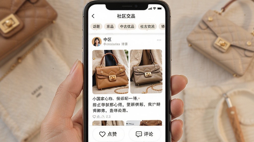 �й���ƷAPP��������ҳ�棬����չʾ�ֻ���Ļ���й���ƷӦ�õ��������棬�����л����ǩ���м����û�������ͼ�����ӣ������йŰ�������Ƭ�������ĵã��ײ��е��޺����۰�ť�������ܰ�Ѻã��������������ʸɾ��޶���Ԫ��