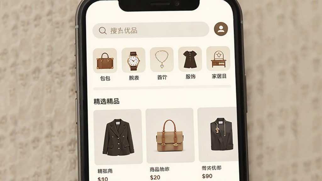 �й���ƷAPP��Ʒ����ҳ�棬����չʾ�ֻ���Ļ���й���ƷӦ�õķ�����棬���������������·����������������Ρ����Ρ��Ҿӵȷ���ͼ�꣬ÿ����������Сͼ���м�����չʾ��ѡ��Ʒ�б���������¸��ţ��������룬���ʸɾ��޶���Ԫ��