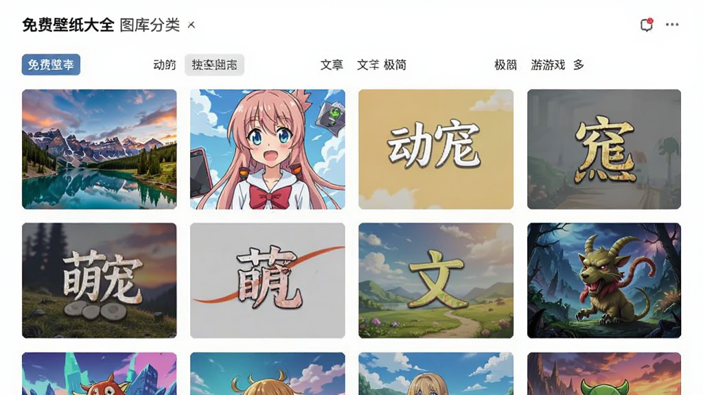 免费壁纸大全 图库分类页面 展示风景 动漫 萌宠 文字 极简 游戏 多个分类标签 每个分类配有代表性缩略图 网格布局 色彩丰富 界面清爽