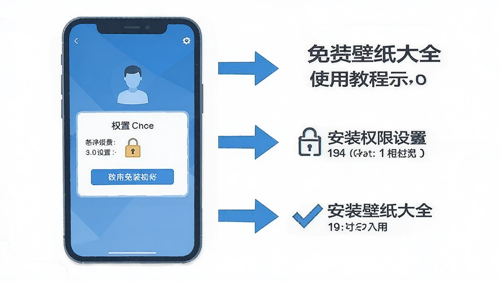 免费壁纸大全 使用教程示意图 手机屏幕展示安装权限设置步骤 旁边有箭头标注 风格扁平化 蓝色主色调 步骤清晰 无多余装饰
