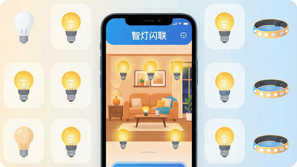 一张展示智灯闪联App核心界面的图片,画面中央是一部智能手机,屏幕上显示着智灯闪联的主控制页面,页面中有一个温馨的客厅场景,多盏不同位置的智能灯泡图标亮着暖黄色光,顶部有“智灯闪联”文字标识,手机周围环绕着各种智能灯泡和灯带的图标,整体布局简洁清晰,风格现代扁平化,色调以暖色和科技蓝为主,细节圆润,画质干净明亮,无多余元素