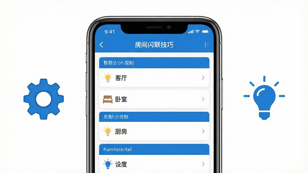 一张展示智灯闪联使用技巧的图片,画面中一部手机显示智灯闪联App的房间分组管理界面,界面中按客厅、卧室、厨房等分组的灯具列表清晰可见,手机旁边有一个齿轮图标和灯泡图标,表示设置和灯光控制,整体布局为手机居中、图标点缀两侧,风格简洁实用,色调以蓝色和白色为主,画质干净清晰,无多余元素