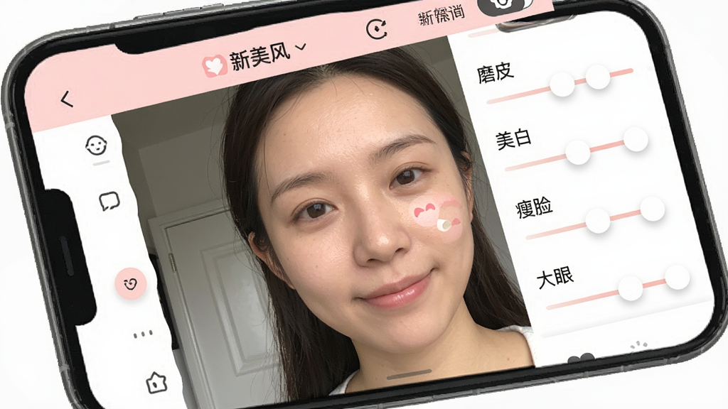 一个手机屏幕展示“新美风”APP的美颜调节界面,屏幕中是一位女生使用美颜功能后的自然自拍效果,脸部皮肤细腻但保留真实纹理,旁边有多个调节滑块分别标注“磨皮”“美白”“瘦脸”“大眼”等中文标签,界面风格清爽简洁,以白色和淡粉色为主,画质干净,无多余元素。