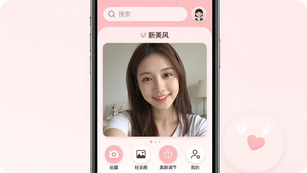 手机屏幕中央展示“新美风”APP的主界面,界面以柔和的粉白色调为主,顶部有搜索栏和用户头像,中间是美颜相机预览窗口,显示一个自然清新的女生自拍画面,底部有拍摄、相册、美颜调节、我的四个圆形图标按钮。整体布局简洁清晰,图标圆润可爱,风格现代清新,画质干净明亮,无多余元素。