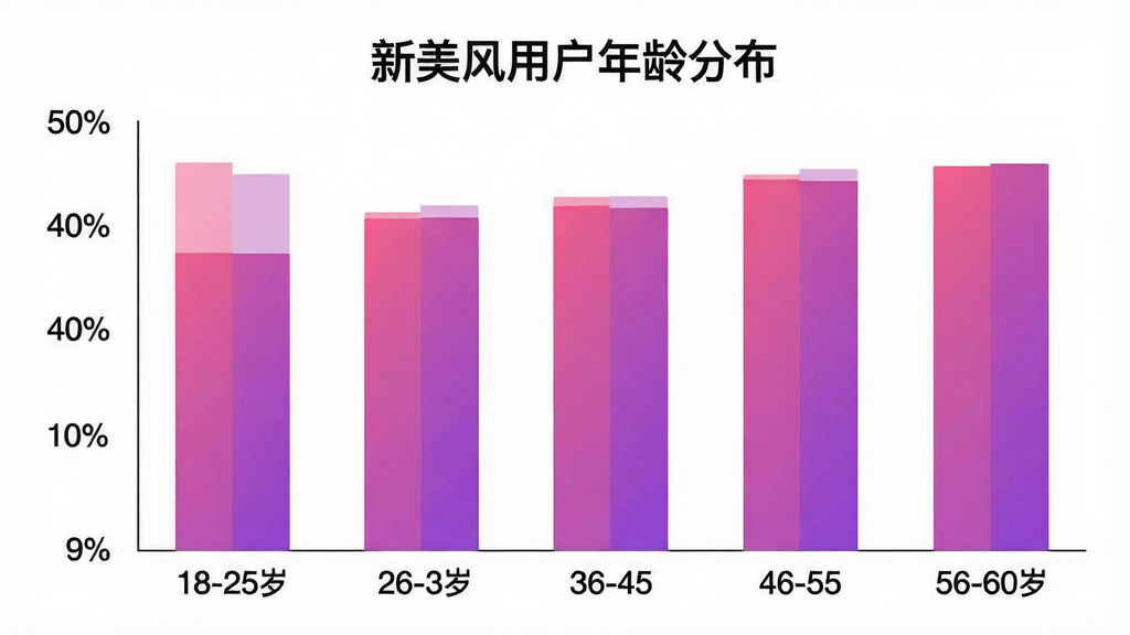 一张柱状图展示“新美风”用户年龄分布,横轴为年龄段分为18-25岁、26-35岁、36-45岁、46-55岁、56-60岁五组,纵轴为用户占比百分比,柱状颜色为渐变的粉紫色,图表标题为“新美风用户年龄分布”,背景白色,文字清晰,风格简洁现代,画质干净,无多余元素。