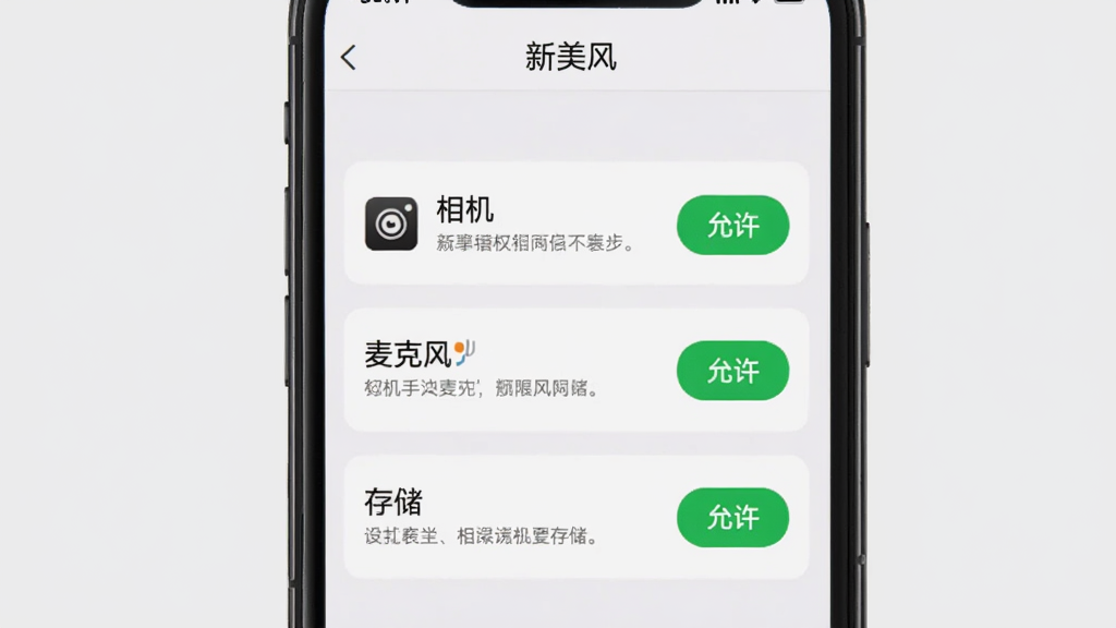 手机屏幕展示“新美风”APP的权限设置引导页面,页面上列出相机、麦克风、存储三项权限的中文说明,每项旁边有绿色的允许按钮,背景为浅灰色,文字清晰易读,界面风格简洁,画质干净,无多余元素。