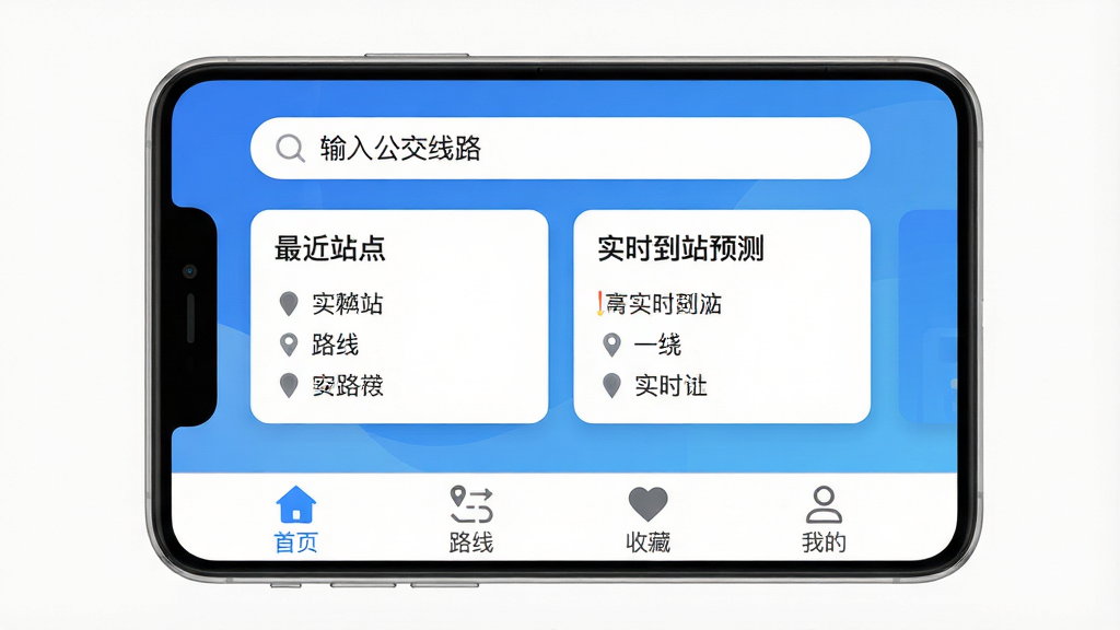�ٶ�����App�������ͼ����ɫ���䱳����������������ʾ�����빫����·�����м俨Ƭչʾ�����վ�㡱�͡�ʵʱ��վԤ�⡱���ײ�������Ϊ����ҳ����·�ߡ����ղء����ҵġ��ĸ�ͼ�꣬����ɾ���ˬ�����������޹�浯�����������ִ���ƽ�������ʸ��壬�޶���װ��Ԫ��