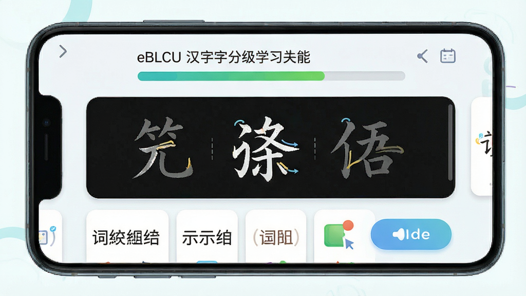 һ��չʾeBLCU���ĺ��ַּ�ѧϰ���ܵ�ͼƬ���������ֻ���Ļ����ʾ�ķּ��ؿ��б��ͺ��ֿ�Ƭ������Ϊ�Ϸ���ʾ��ǰ�ȼ��ͽ��������м��Ǻ�����д������ʾ�����·��Ǵ���ʾ���ͷ�����ť���Ű��������򣬷��Ϊ���½����磬ϸ���ϱ�˳������������ťͼ��Բ�󣬻��ʸɾ��޶���Ԫ�ء�