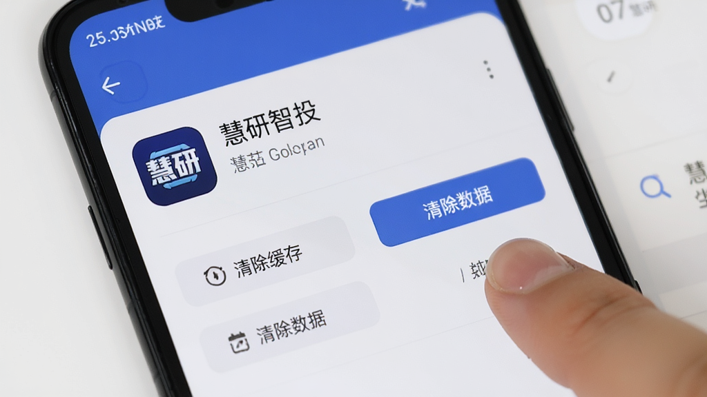 一张展示手机设置的图片,画面里是“慧研智投”的应用信息页面,显示有清除缓存、清除数据等按钮,旁边有手指正在点击清除缓存,背景是手机系统设置界面,风格写实,画质清晰干净
