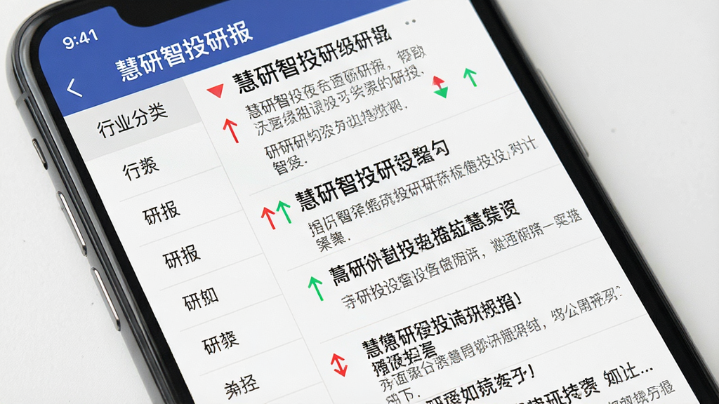 一张展示手机屏幕的图片,屏幕里显示“慧研智投”的研报列表页,左侧是行业分类标签,右侧是密密麻麻的研报标题和摘要,有红绿涨跌箭头点缀,布局紧凑信息量大,风格专业严谨,画质清晰干净