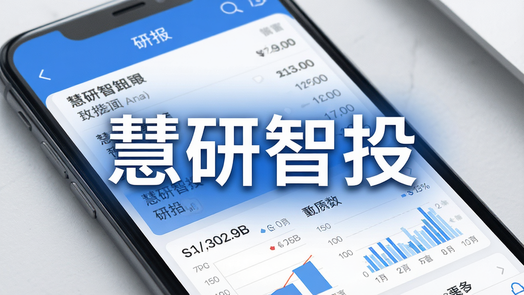一张展示手机应用界面的图片,画面中央是“慧研智投”四个大字,背景是简洁的蓝白配色,屏幕里显示着整齐的研报列表和清晰的图表数据,布局干净利落,风格现代商务,细节清晰可见,画质干净无多余元素