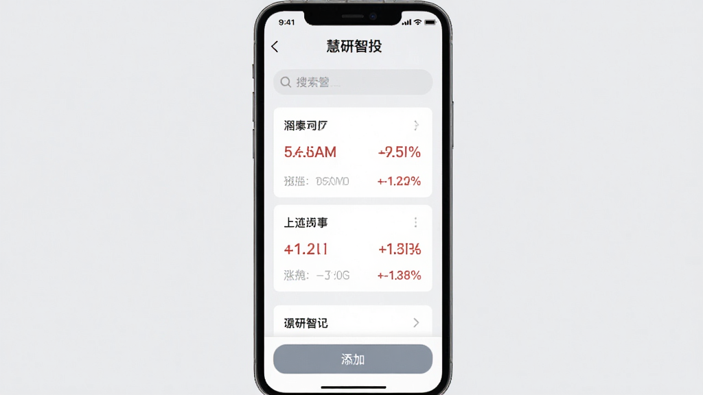 一张展示手机应用界面的图片,画面中心是“慧研智投”的自选股管理页面,顶部有搜索框,中间是几个股票卡片显示名称和涨跌幅,底部有添加按钮,背景是浅灰色,布局清晰,风格简洁扁平,画质干净无多余元素