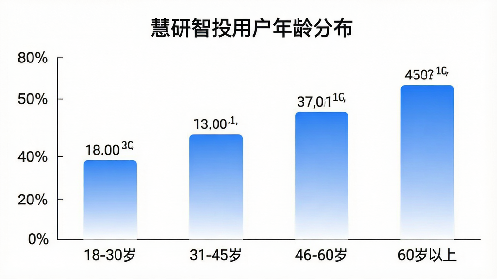一张柱状图图片,横轴是年龄区间“18-30岁”“31-45岁”“46-60岁”“60岁以上”,纵轴是用户占比百分比,柱子上方标有具体数值,整体配色为蓝白渐变,图表标题为“慧研智投用户年龄分布”,风格简洁专业,画质干净无多余元素