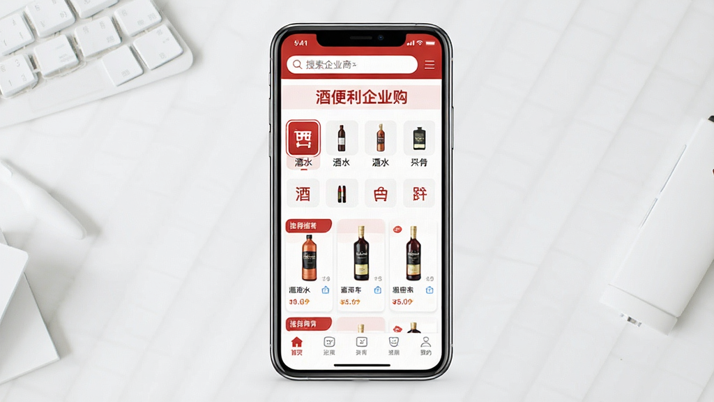 һ���ֻ���Ļչʾ���Ʊ�����ҵ����APP��ҳ���棬�����������ֻ�����ͼ����Ļ����ʾ��ҵ�ɹ��̳���ҳ��������������͡��Ʊ�����ҵ�������ֱ�ʶ���в��Ǿ�ˮ��Ʒ����ͼ����Ƽ���Ʒ��Ƭ���ײ��ǵ����������岼������������ִ���Լ����ɫ�Ժ�ɫ�Ͱ�ɫΪ�������ʸɾ����޶���Ԫ��