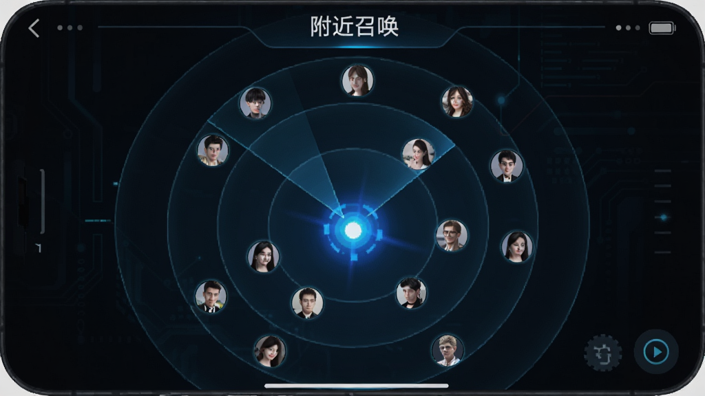 一张手机界面截图,展示附近召唤的雷达搜索界面,中心是一个闪烁的蓝色光点代表自己,周围一圈一圈扩散出去,不同距离上分布着用户头像,界面顶部有“附近召唤”文字标识,背景是暗色系科技感风格,画质清晰,无多余元素