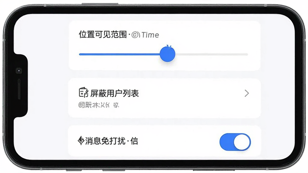 一张手机界面展示附近召唤的隐私设置页面,有位置可见范围滑块、屏蔽用户列表、消息免打扰开关等选项,界面设计简洁,以白色背景和蓝色开关按钮为主,画质干净,无多余元素