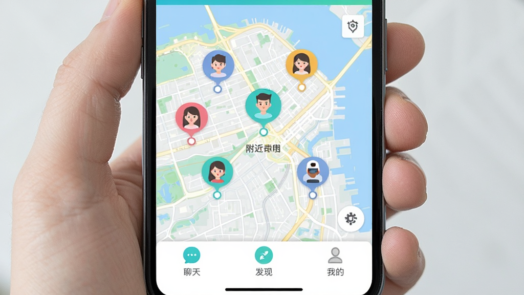 一张手机屏幕展示附近召唤APP主界面,界面中央显示一张城市地图,地图上有多个彩色头像气泡标记附近用户位置,底部有聊天、发现、我的三个选项卡,整体风格清新简洁,蓝绿色调为主,画质干净,无多余元素
