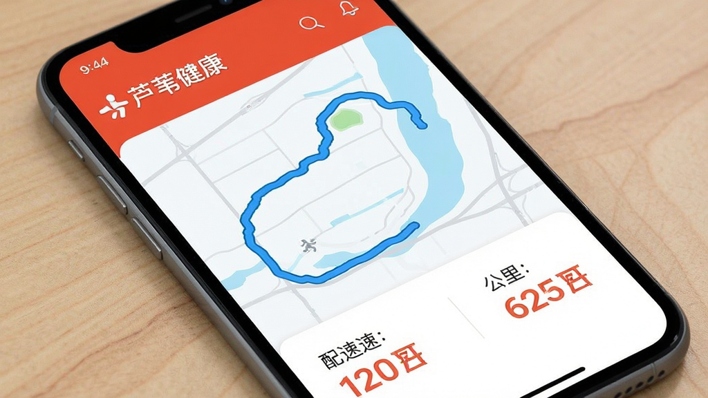 一张手机界面截图风格图片,画面显示“芦苇健康”的运动记录页面,上面有一条弯曲的蓝色运动轨迹地图,下方是配速和公里数数据,整体色调偏运动风的橙红色,布局清晰,文字标签明确,风格现代扁平,画质干净,无多余元素