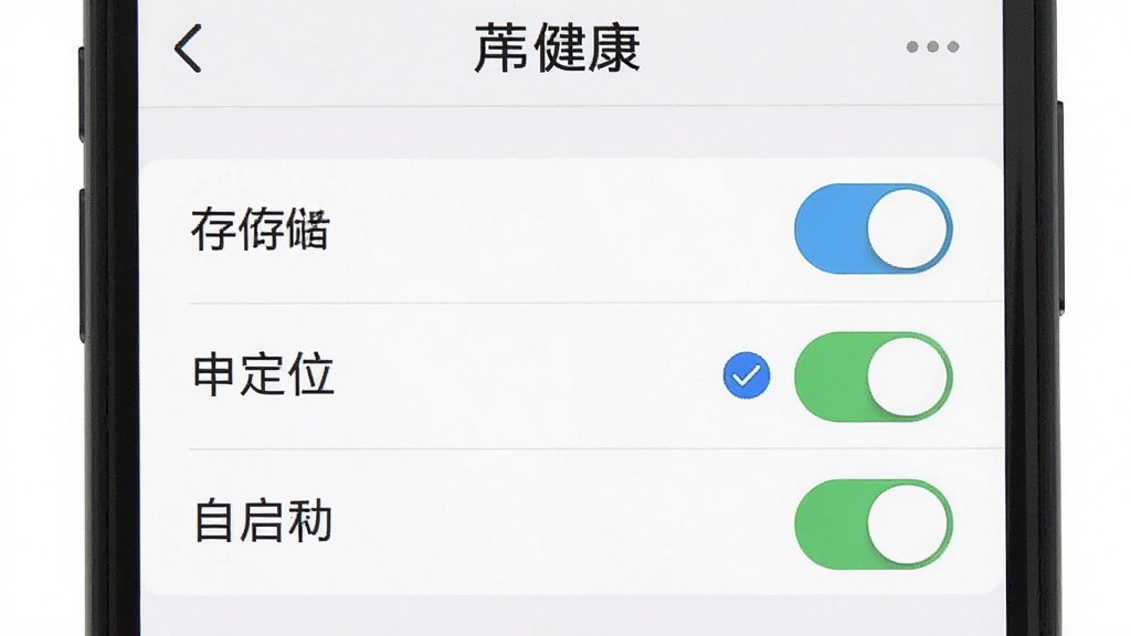 一张手机屏幕截图,画面显示“芦苇健康”的权限设置页面,上面有存储、定位、自启动三个权限开关,其中定位权限旁边有一个蓝色的小勾选标记,背景是纯白色,布局简洁,文字清晰,风格现代扁平,画质干净,无多余元素