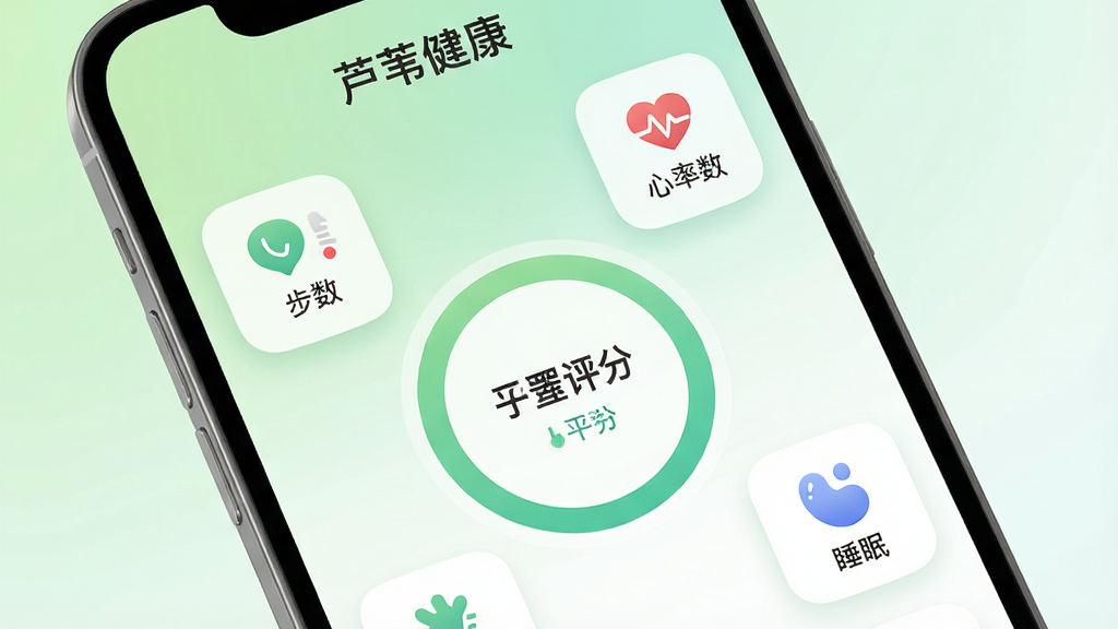 一张手机屏幕特写,屏幕里显示着“芦苇健康”App的主界面,背景是柔和的浅绿色和白色渐变,界面中间有一个醒目的圆形健康评分环,周围分布着步数、心率、睡眠等小卡片图标,风格简洁清新,细节圆润,画质干净,无多余元素