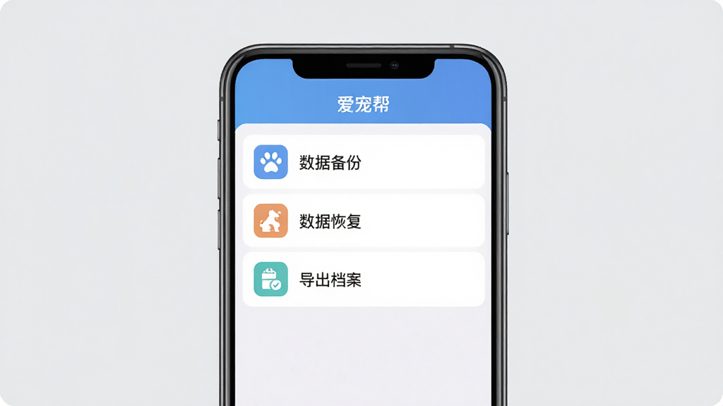 爱宠帮App数据备份与恢复功能示意图,主体为手机屏幕,屏幕中显示爱宠帮App的设置页面,布局为纵向排列的选项列表,包含数据备份、数据恢复、导出档案等条目,每条左侧有对应图标,排版简洁清晰,风格为扁平化设计,细节精致,画质干净无多余元素,背景为浅灰色,图片中文字包含“爱宠帮”