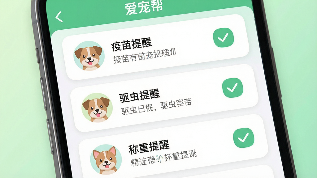 爱宠帮App健康提醒功能展示图,主体为手机屏幕特写,屏幕中显示爱宠帮App的提醒列表页面,布局为纵向排列的卡片式提醒事项,包含疫苗提醒、驱虫提醒、称重提醒等条目,每条左侧有宠物小头像,右侧有完成勾选按钮,排版整齐清晰,风格为清新扁平化设计,细节精致圆润,画质干净无多余元素,背景为浅绿色渐变,图片中文字包含“爱宠帮”