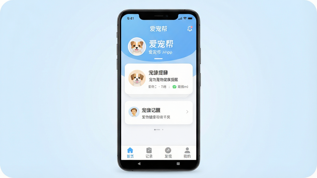 一张展示爱宠帮App核心界面的手机应用宣传图,主体为一部竖屏安卓手机,屏幕中显示爱宠帮App首页,布局包含顶部宠物头像和名字、中间宠物健康提醒卡片、底部导航栏有首页、记录、发现、我的四个图标,排版居中清晰,风格为现代扁平化设计,细节圆润柔和,画质干净明亮无多余元素,背景为淡蓝色渐变,图片中文字包含“爱宠帮”