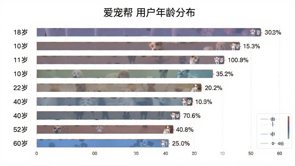爱宠帮用户年龄分布柱状图,主体为一张横向柱状图,布局为左侧年龄区间标签从18岁到60岁,右侧对应柱状条显示用户占比,排版清晰直观,风格为现代数据可视化风格,细节精致,画质干净无多余元素,背景为白色,图片中文字包含“爱宠帮 用户年龄分布”