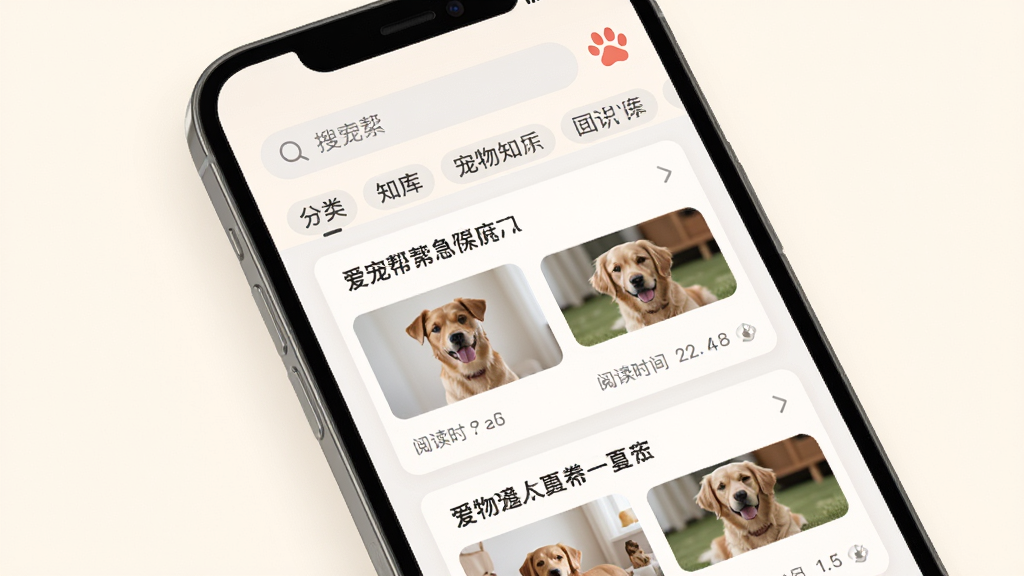 爱宠帮App宠物知识库页面展示图,主体为手机屏幕,屏幕中显示爱宠帮App的知识库列表页,布局为纵向排列的文章卡片,每张卡片有标题、缩略图和阅读时长,顶部有搜索框和分类标签,排版整洁有序,风格为现代简约风,细节柔和舒适,画质干净无多余元素,背景为暖白色,图片中文字包含“爱宠帮”