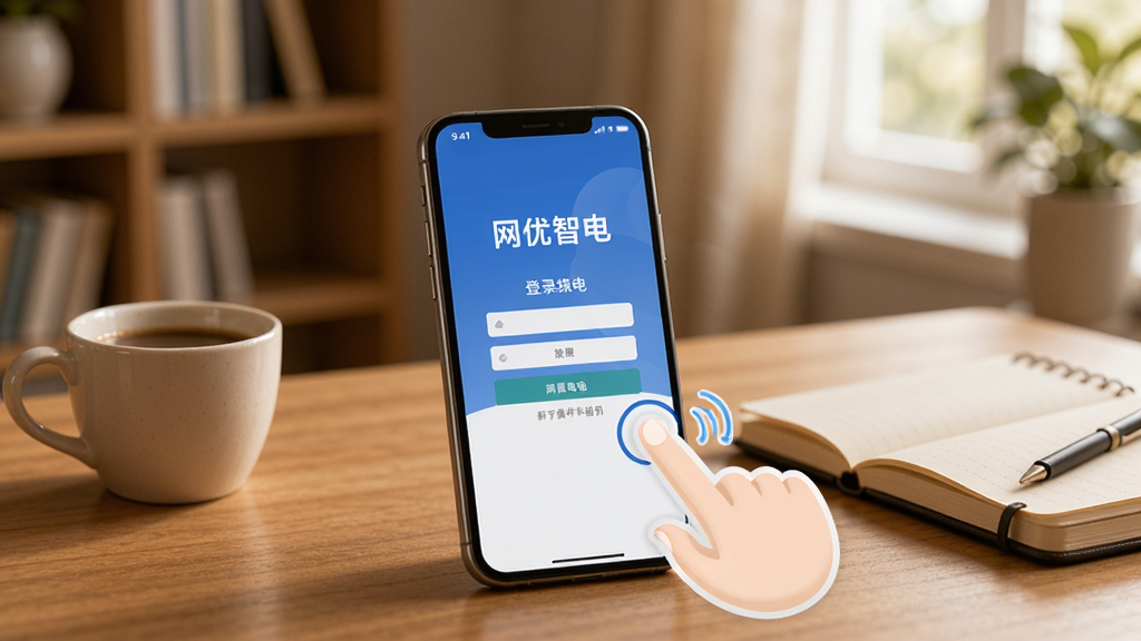 网优智电新手操作指引图,画面展示一部手机放置在桌面上,屏幕显示网优智电登录界面,旁边有手指点击屏幕的示意动画,背景是柔和的书房环境,桌面上有一杯咖啡和一本笔记本,风格温馨生活化,画质清晰,无多余元素