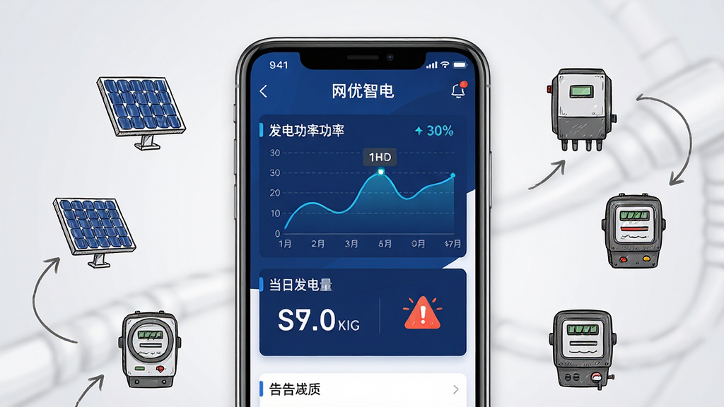 网优智电软件主界面全貌展示,画面中央是一部智能手机,屏幕显示网优智电APP的首页仪表盘,上面有发电功率曲线图、当日发电量数字、告警提示图标,界面采用深蓝色与白色为主色调,布局简洁清晰,周围环绕着光伏板、逆变器、电表等手绘风格小图标,背景是干净的浅灰色渐变,整体风格现代科技感,画质清晰,无多余元素