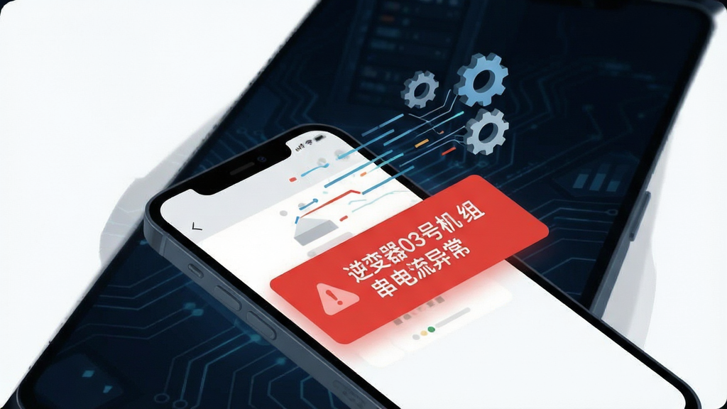 网优智电智能告警推送功能展示,画面中一部手机屏幕弹出红色告警通知卡片,上面写着“逆变器03号机 组串电流异常”,手机旁边漂浮着抽象的数据流线条和齿轮图标,背景是深色科技风格,主体突出告警信息,布局采用对角线构图,风格简洁扁平,画质干净,无多余元素