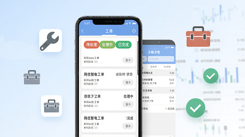 网优智电工单管理界面展示,画面中央是手机屏幕显示工单列表和详情页,有“待处理”“处理中”“已完成”状态标签,旁边有扳手、工具箱、对勾等扁平化图标漂浮,背景是浅蓝色与白色渐变,布局整洁有序,风格商务简约,画质清晰,无多余元素