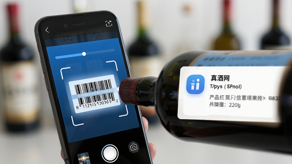 真酒网应用扫码鉴别界面特写,手机摄像头对准一瓶白酒的条形码,屏幕上显示扫描进度和产品信息卡片,背景虚化处理,界面以蓝色为主色调,卡片式布局,图标精致,干净无杂乱元素,高清画质。